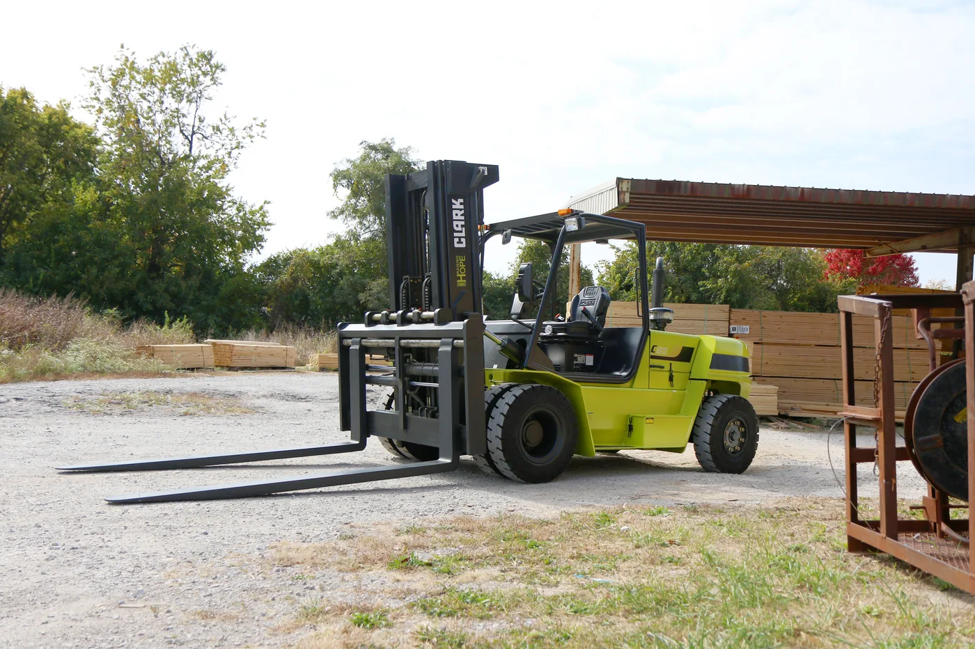 Pneumatic-tire Clark forklift of the kind buyers inspect before purchase
