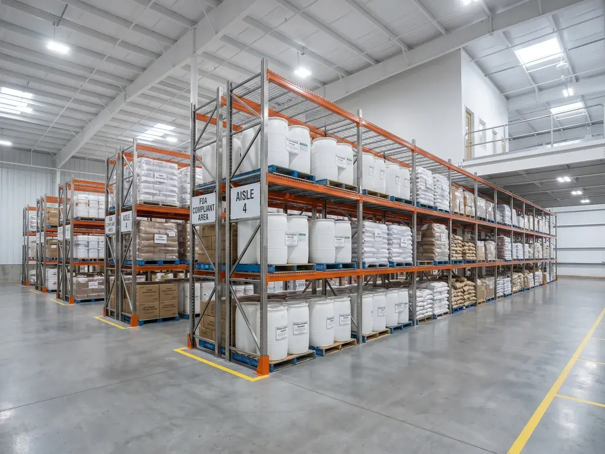 Racked warehouse aisle with stored pallets