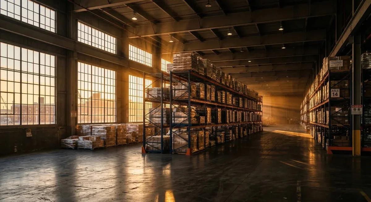 Older warehouse interior under warm lighting